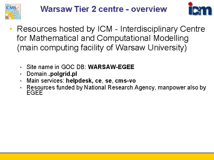 Warsaw Tier 2 centre - overview • Resources hosted by ICM - Interdisciplinary Centre