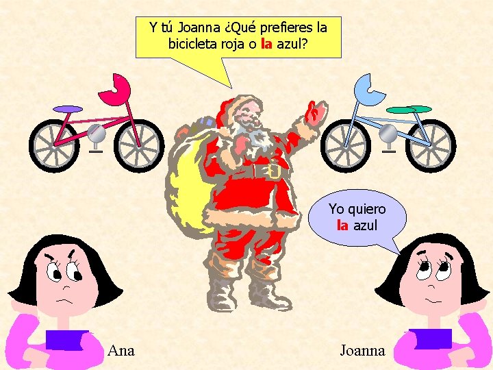 Y tú Joanna ¿Qué prefieres la bicicleta roja o la azul? Yo quiero la