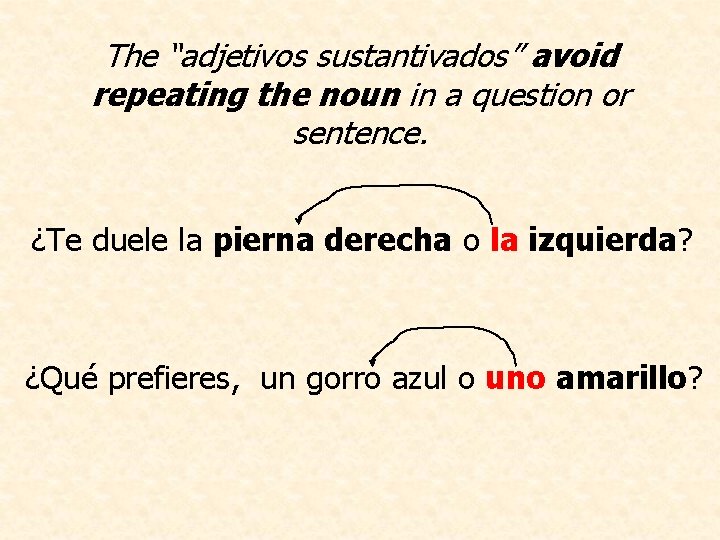 The “adjetivos sustantivados” avoid repeating the noun in a question or sentence. ¿Te duele