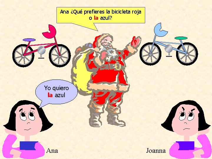 Ana ¿Qué prefieres la bicicleta roja o la azul? Yo quiero la azul Ana