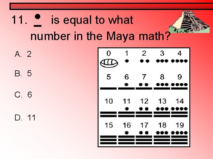 11. • is equal to what number in the Maya math? A. 2 B. 11. • is equal to what number in the Maya math? A. 2 B.