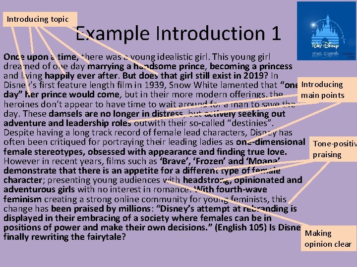 Introducing topic Example Introduction 1 Once upon a time, there was a young idealistic