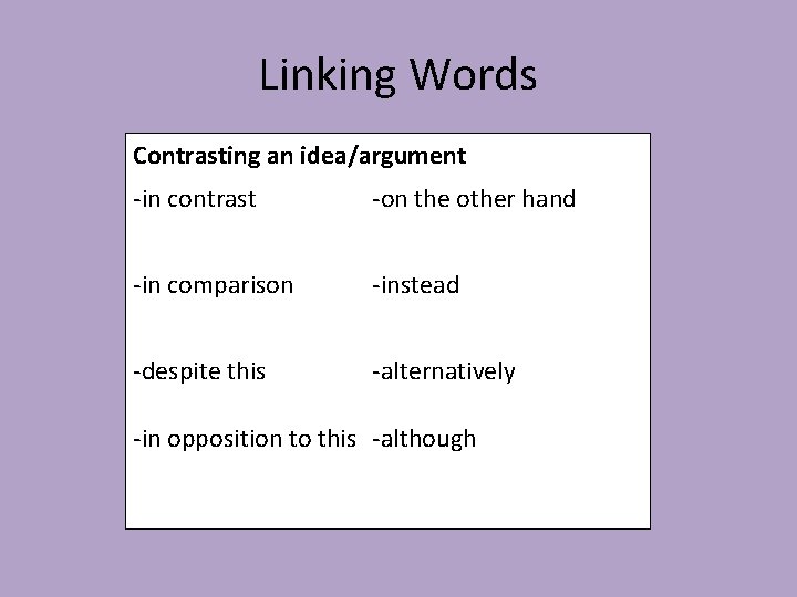 Linking Words Contrasting an idea/argument -in contrast -on the other hand -in comparison -instead