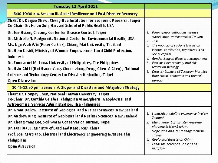 Tuesday 12 April 2011 8: 30 -10: 30 am, Session III. Social Resilience and