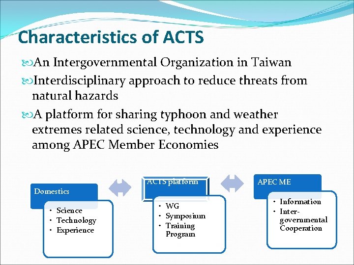 Characteristics of ACTS An Intergovernmental Organization in Taiwan Interdisciplinary approach to reduce threats from