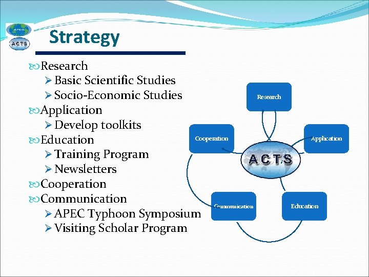 Strategy Research Ø Basic Scientific Studies Ø Socio‐Economic Studies Application Ø Develop toolkits Cooperation