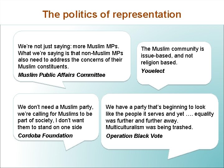 The politics of representation We’re not just saying: more Muslim MPs. What we’re saying