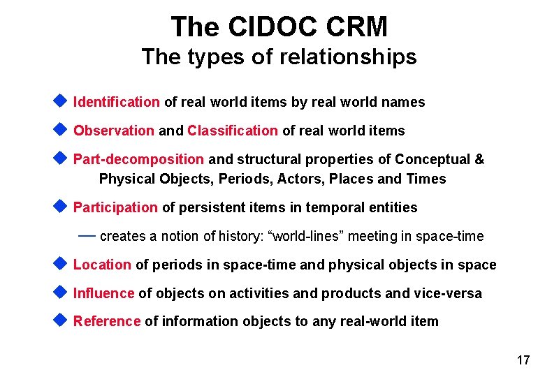 The CIDOC CRM The types of relationships u Identification of real world items by The CIDOC CRM The types of relationships u Identification of real world items by