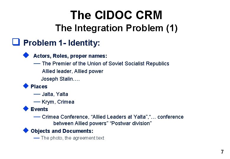 The CIDOC CRM The Integration Problem (1) q Problem 1 - Identity: u Actors, The CIDOC CRM The Integration Problem (1) q Problem 1 - Identity: u Actors,