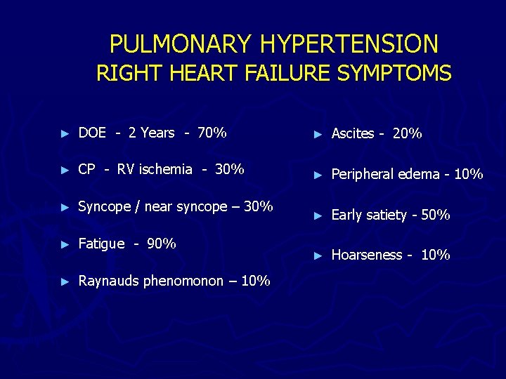 PULMONARY HYPERTENSION RIGHT HEART FAILURE SYMPTOMS ► DOE - 2 Years - 70% ►