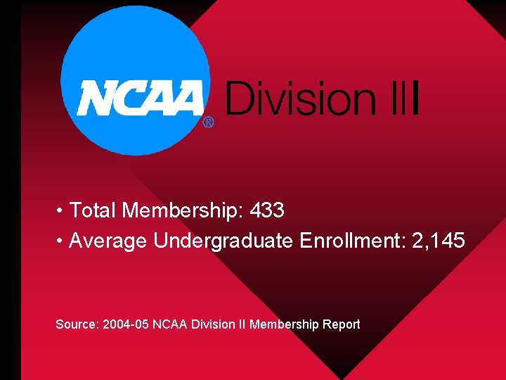I • Total Membership: 433 • Average Undergraduate Enrollment: 2, 145 Source: 2004 -05