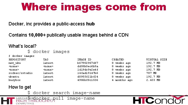 Where images come from Docker, inc provides a public-access hub Contains 10, 000+ publically