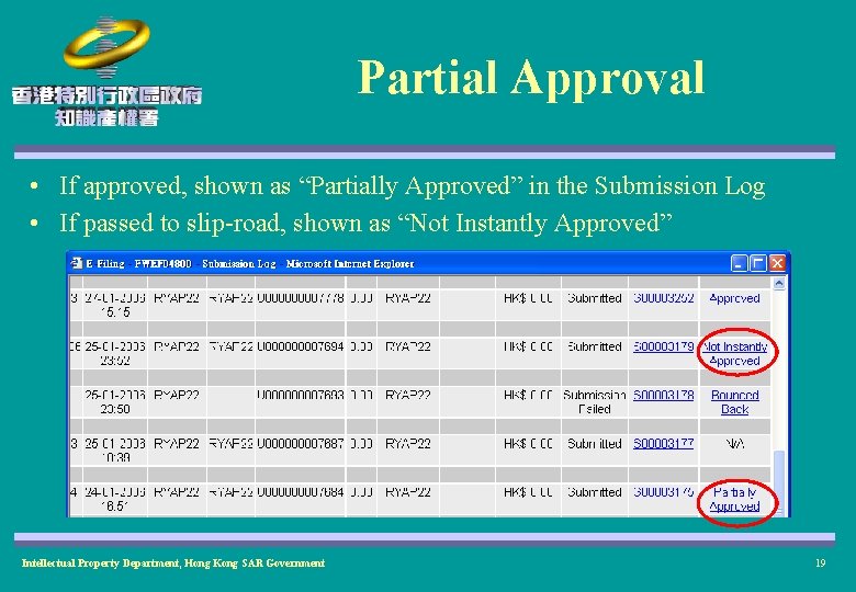 Partial Approval • If approved, shown as “Partially Approved” in the Submission Log •