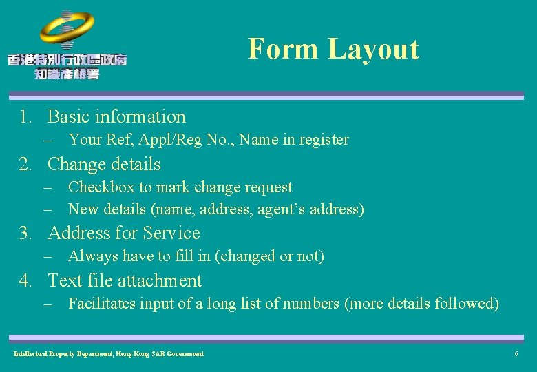 Form Layout 1. Basic information – Your Ref, Appl/Reg No. , Name in register