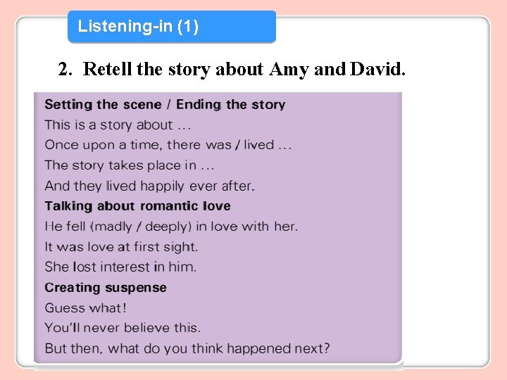 Listening-in (1) 2. Retell the story about Amy and David. 