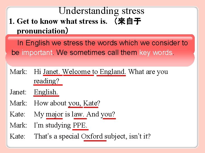 Understanding stress 1. Get to know what stress is. （来自于 pronunciation） In English we