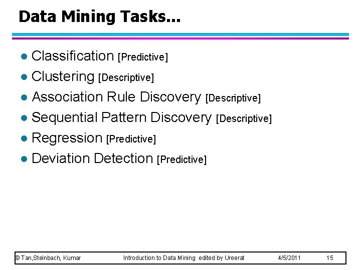 Data Mining Tasks. . . Classification [Predictive] l Clustering [Descriptive] l Association Rule Discovery