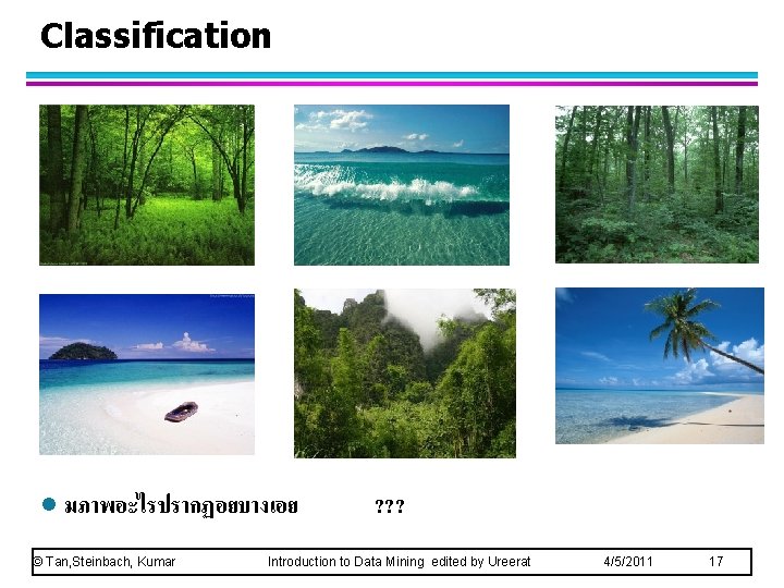 Classification l มภาพอะไรปรากฏอยบางเอย © Tan, Steinbach, Kumar ? ? ? Introduction to Data Mining