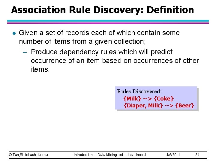 Association Rule Discovery: Definition l Given a set of records each of which contain