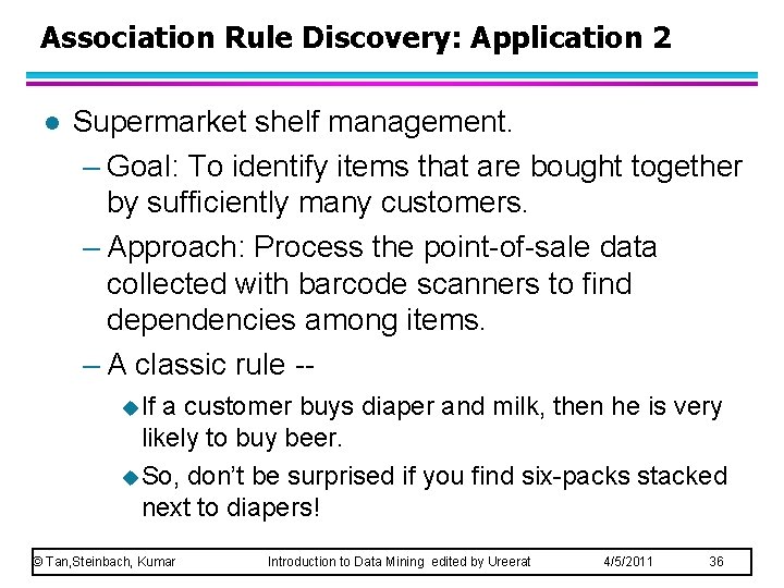 Association Rule Discovery: Application 2 l Supermarket shelf management. – Goal: To identify items