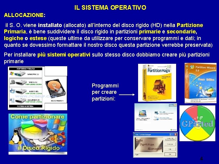 IL SISTEMA OPERATIVO ALLOCAZIONE: il S. O. viene installato (allocato) all’interno del disco rigido IL SISTEMA OPERATIVO ALLOCAZIONE: il S. O. viene installato (allocato) all’interno del disco rigido