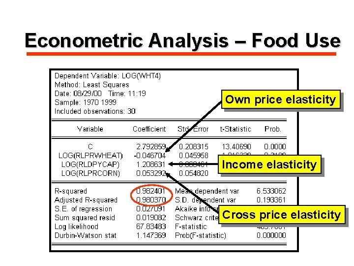 Econometric Analysis – Food Use Own price elasticity Income elasticity Cross price elasticity 