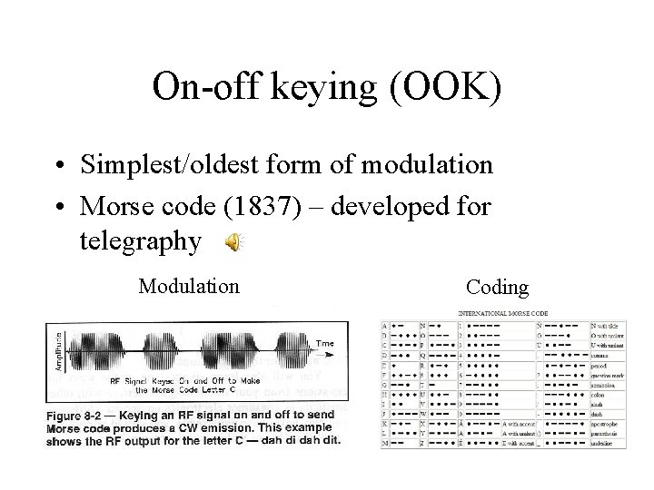 On-off keying (OOK) • Simplest/oldest form of modulation • Morse code (1837) – developed