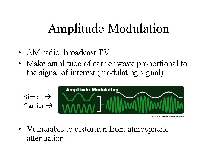 Amplitude Modulation • AM radio, broadcast TV • Make amplitude of carrier wave proportional