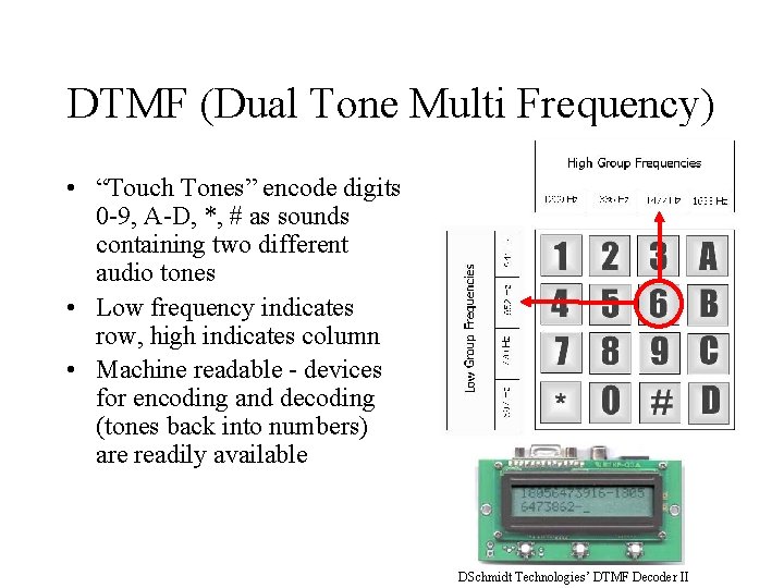 DTMF (Dual Tone Multi Frequency) • “Touch Tones” encode digits 0 -9, A-D, *,