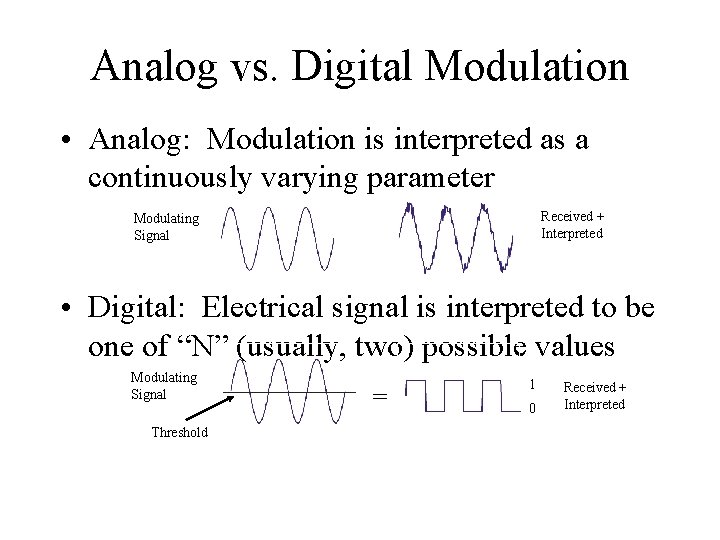 Analog vs. Digital Modulation • Analog: Modulation is interpreted as a continuously varying parameter