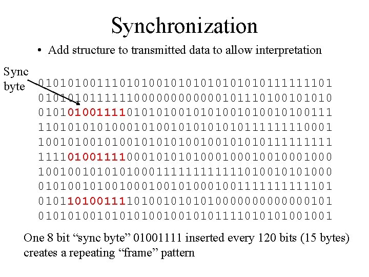 Synchronization • Add structure to transmitted data to allow interpretation Sync byte 0101010011101010101010111111101 010111111000000101110100101010011110100101010010100111