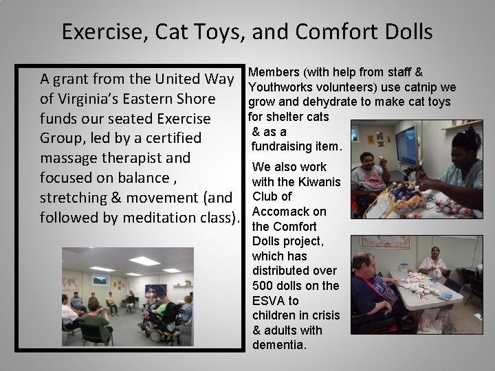 Exercise, Cat Toys, and Comfort Dolls A grant from the United Way of Virginia’s