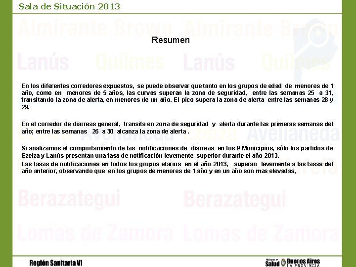 Sala de Situación 2013 Resumen En los diferentes corredores expuestos, se puede observar que