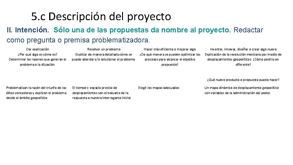 5. c Descripción del proyecto II. Intención. Sólo una de las propuestas da nombre