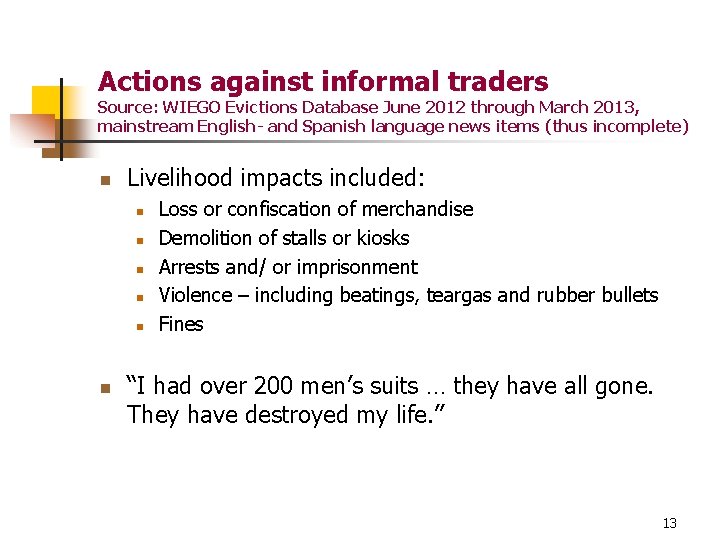 Actions against informal traders Source: WIEGO Evictions Database June 2012 through March 2013, mainstream