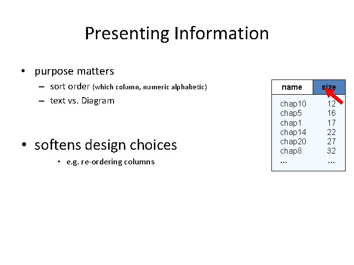 Presenting Information • purpose matters – sort order (which column, numeric alphabetic) – text