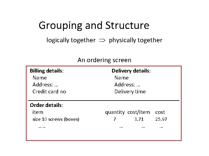 Grouping and Structure logically together physically together An ordering screen Billing details: Name Address: