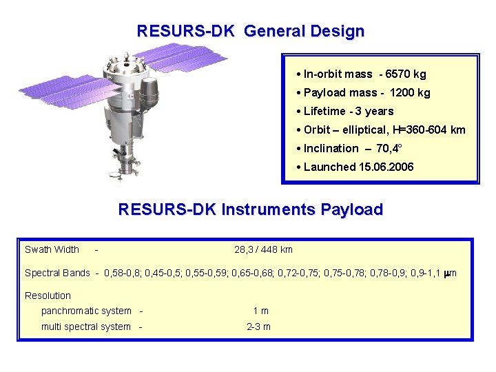 RESURS-DK General Design • In-orbit mass - 6570 kg • Payload mass - 1200