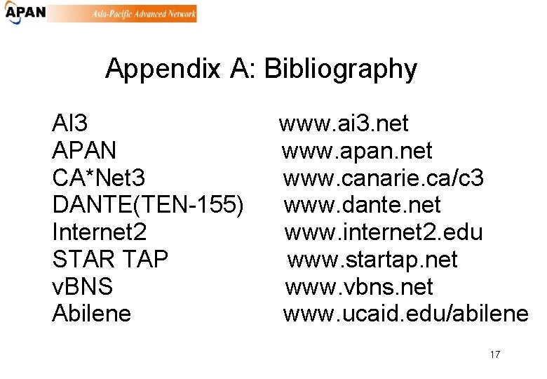 Appendix A: Bibliography AI 3 APAN CA*Net 3 DANTE(TEN-155) Internet 2 STAR TAP v.