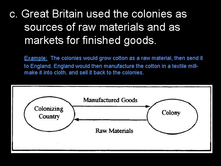 c. Great Britain used the colonies as sources of raw materials and as markets