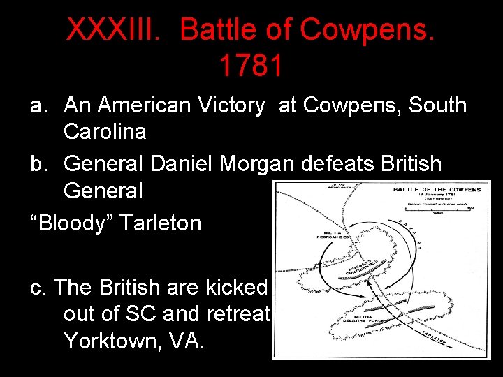 XXXIII. Battle of Cowpens. 1781 a. An American Victory at Cowpens, South Carolina b.