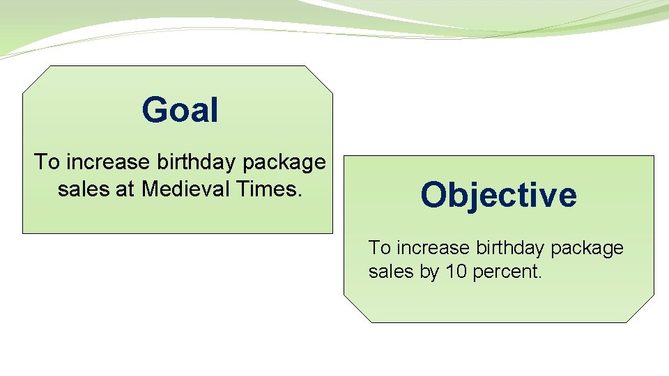 Goal To increase birthday package sales at Medieval Times. Objective To increase birthday package