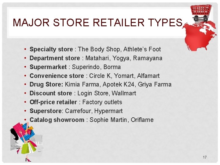 MAJOR STORE RETAILER TYPES • • • Specialty store : The Body Shop, Athlete’s
