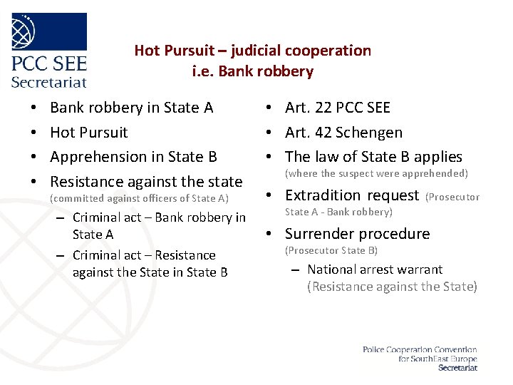 Hot Pursuit – judicial cooperation i. e. Bank robbery • • Bank robbery in