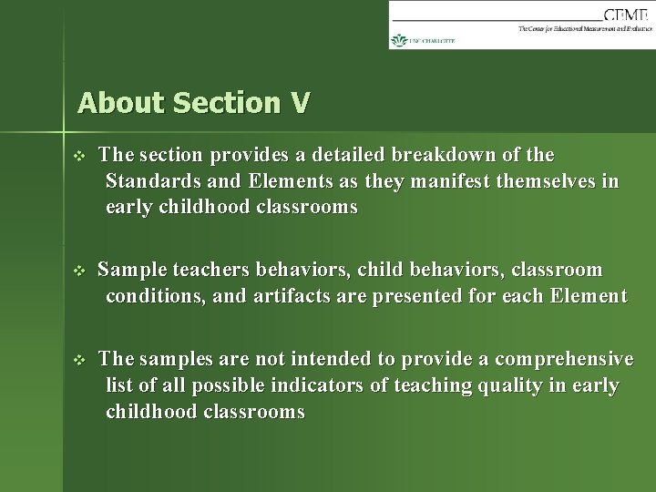 About Section V v The section provides a detailed breakdown of the Standards and