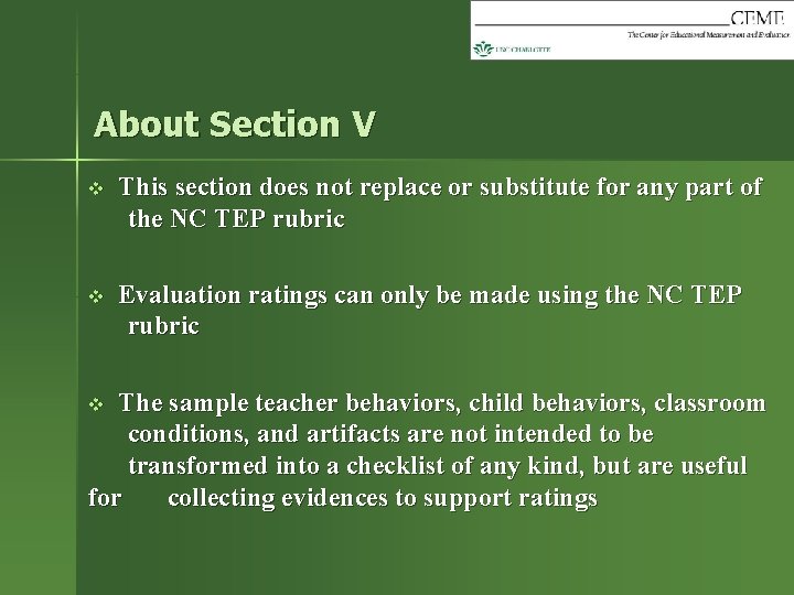 About Section V v This section does not replace or substitute for any part