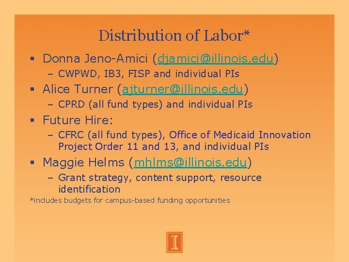 Distribution of Labor* Donna Jeno-Amici (djamici@illinois. edu) – CWPWD, IB 3, FISP and individual Distribution of Labor* Donna Jeno-Amici (djamici@illinois. edu) – CWPWD, IB 3, FISP and individual