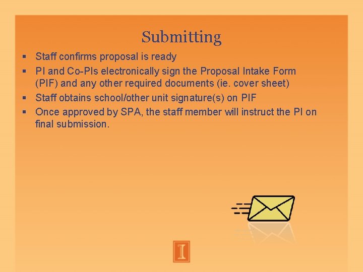 Submitting Staff confirms proposal is ready PI and Co-PIs electronically sign the Proposal Intake Submitting Staff confirms proposal is ready PI and Co-PIs electronically sign the Proposal Intake