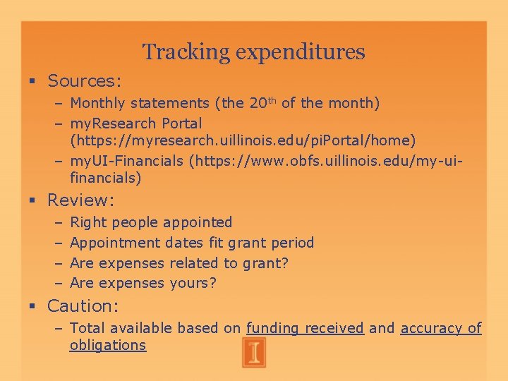 Tracking expenditures Sources: – Monthly statements (the 20 th of the month) – my. Tracking expenditures Sources: – Monthly statements (the 20 th of the month) – my.