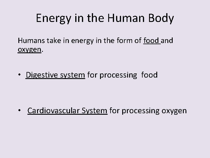 Energy in the Human Body Humans take in energy in the form of food
